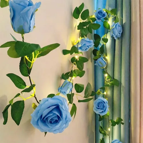 Miniatura 11 de Guirnalda de flores artificiales Fielegen con 20 luces de cadena LED, guirnalda de rosas colgantes de 2 metros con decoración de luces para jardín