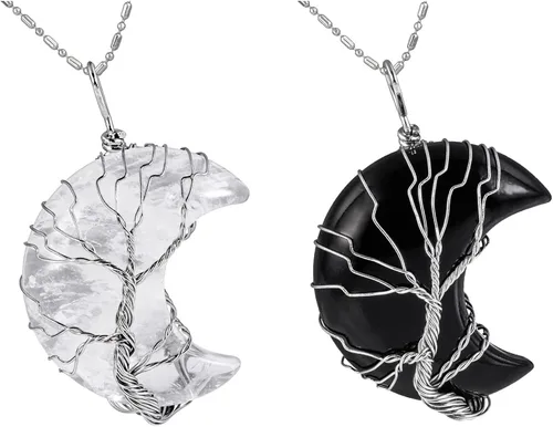 TUMBEELLUWA 2 collares de árbol de la vida envueltos en alambre de cristal natural con piedra curativa de media luna para pareja