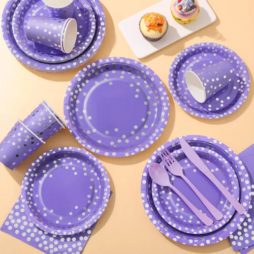 Miniatura 4 de Decoraciones de Fiesta Moradas, 168 Piezas Platos y Servilletas Morados Suministros para Fiestas, Platos de Cumpleaños Lavanda Sirve para 24