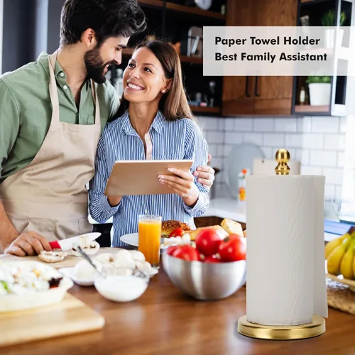 Miniatura 5 de Soporte de toallas de papel dorado para encimera, soporte de toallas de papel en pie para cocina y baño, con base pesada para operación con una mano