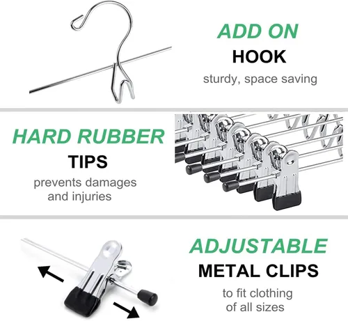 Miniatura 2 de Amber Home Paquete de 26 perchas de metal resistente para pantalones, ahorro de espacio con clips ajustables para jeans, pantalones