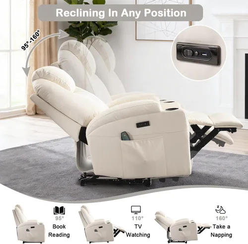 Miniatura 4 de Silla reclinable eléctrica con calor y masaje para adultos, asiento de cine en casa con luces LED, portavasos, bolsillo lateral, puerto USB, sofá