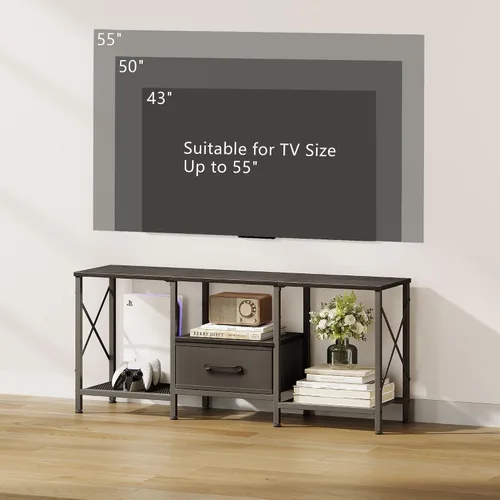 Miniatura 7 de JARHETUN - Soporte de TV con cajón de tela, centro de entretenimiento para TV de 50 55 pulgadas, consola de TV industrial con estantes de Negro