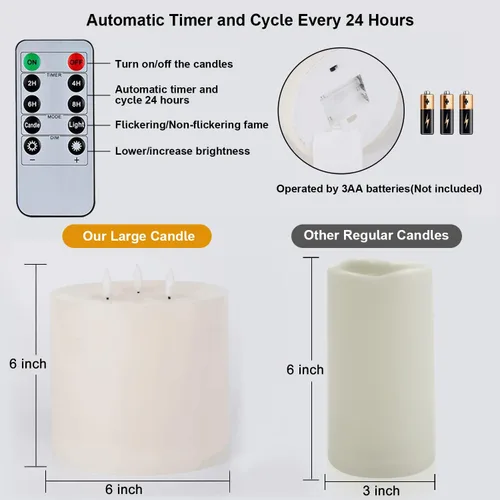 Miniatura 5 de Amagic Velas sin llama extra grandes de 6 x 6 pulgadas con 3 mechas, velas a pilas con control remoto y temporizadores, velas LED de pilar de 6
