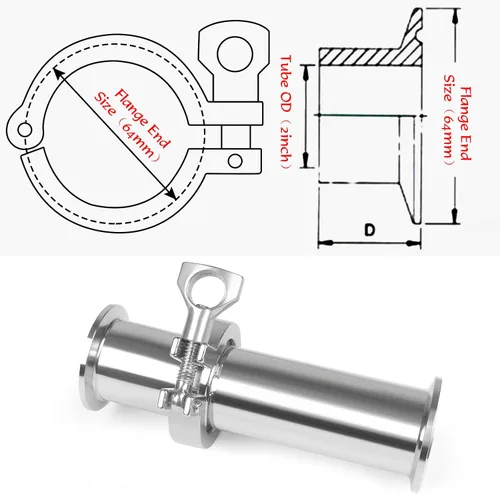 Miniatura 6 de Tubo de Abrazadera Triple 2 Pulgadas OD Bobina Sanitaria Longitud 6 Pulgadas Extremo de Abrazadera OD 50.5mm Tubo Redondo Liso de Acero Inoxidable