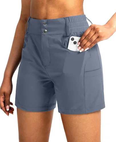 Miniatura 15 de Viodia - Pantalones cortos de senderismo de 5" para mujer, para golf con bolsillos, de cintura alta, elásticos, cargo, pantalones cortos para mujer