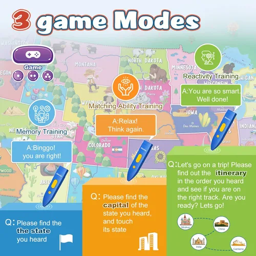 Miniatura 5 de Qiaojoy Bilingüe interactivo para niños que hablan de Estados Unidos mapa para aprendizaje de niños, juegos de geografía, mapa electrónico