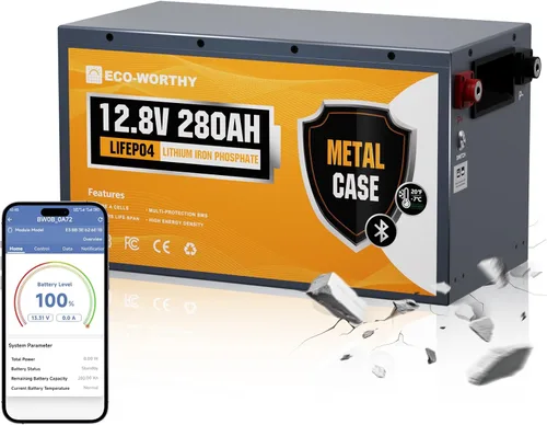 Miniatura 10 de ECO-WORTHY Batería LiFePO4 de 3584 Wh, 12 V, 280 Ah con Bluetooth y corte de baja temperatura, BMS integrado de 200 A, ciclo profundo para cámper