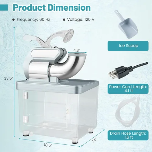 Miniatura 7 de Máquina comercial de cono de nieve de 660 libras/h, trituradora de hielo eléctrica aprobada por ETL de 300 W con interruptor de encendido/apagado