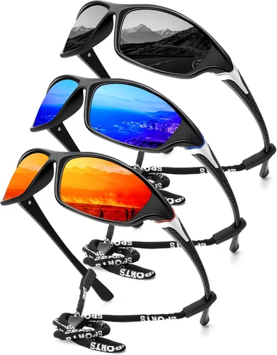 KALIYADI 4 Pack Polarized Sunglasses-Men Sports Sun-glasses: Mens Sunglasses UV Protection for Fishing Driving Cycling A03-negro/Azul oscuro/Rojo