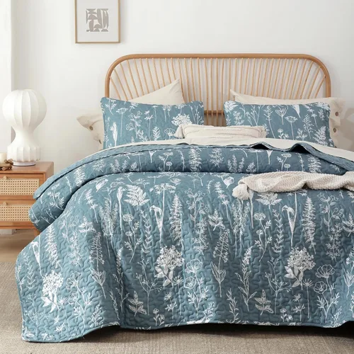 Miniatura 4 de JANZAA Edredón Tamaño Queen de 3 Piezas con Diseño Botánico, Juego de Colchas Tamaño Queen con Estampado Floral, Edredón Ligero de Microfibra Azul