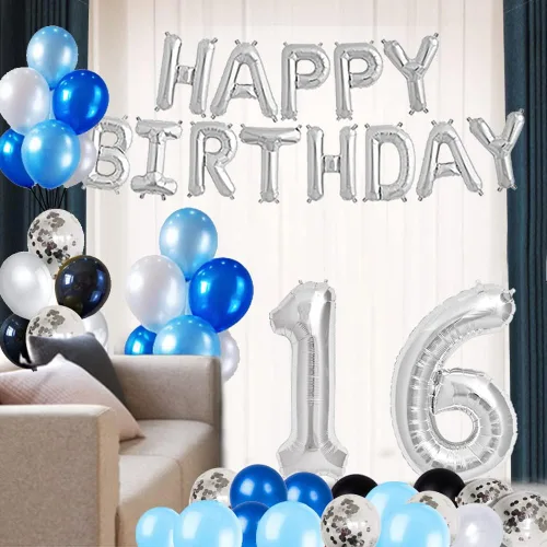 Miniatura 3 de Juego de suministros de decoración de cumpleaños número 16 para fiesta de cumpleaños, globos de aluminio con el número 16 y globos