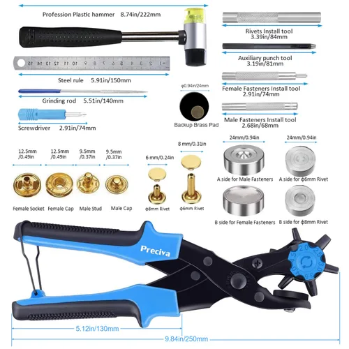 Miniatura 5 de Preciva Alicates perforadores, kit de herramientas de punzonado giratorio con alicates, regla, varilla de molienda, martillo de plástico, 340 Azul
