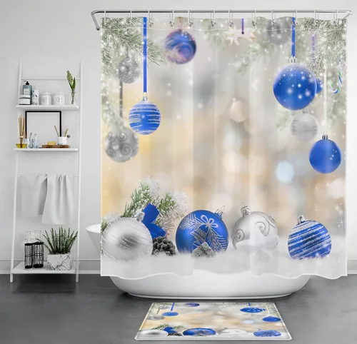 Miniatura 16 de LB Winter Christmas Shower Curtain Sets with Rugs Silver and Light Blue Xmas Ball in Winter Snow Scene Fabric Shower Curtain with Hooks New Year