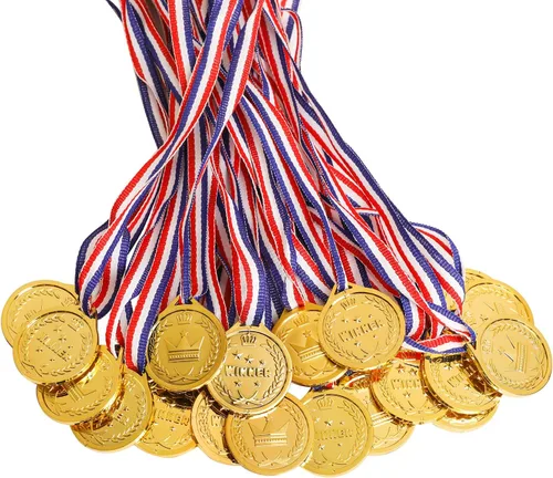 100 paquetes de medallas de ganador de plástico dorado para niños, medallas de premio de oro para niños
