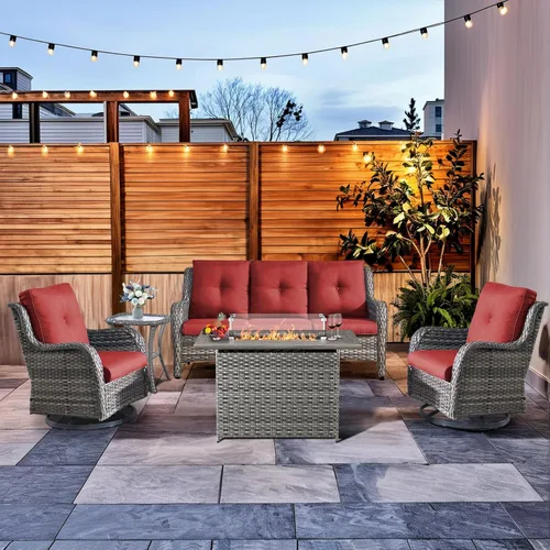 Miniatura 39 de HUMMUH Silla mecedora giratoria de ratán de 3 piezas para exteriores, juego de muebles de bistró de patio con cubierta, silla de mimbre acolchada