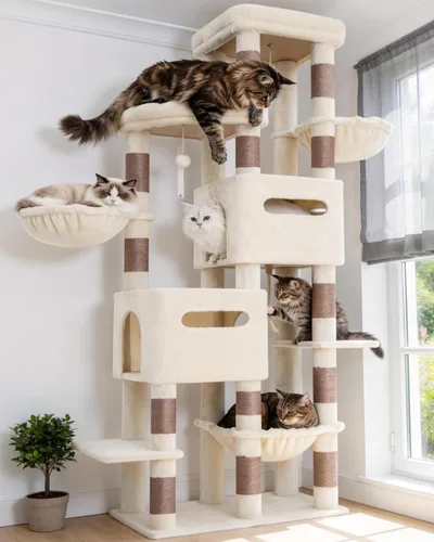 Heybly Árbol para gatos, torre de gato amplia y alta de 74.8 pulgadas para gatos grandes, muebles para gatos con percha superior grande, base