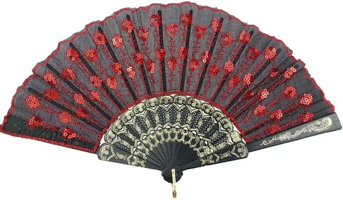 Miniatura 12 de InnoLife Elegante abanico de mano plegable con flores bordadas y patrón de pavo real con lentejuelas en tela artesanal (5 piezas, rojo)