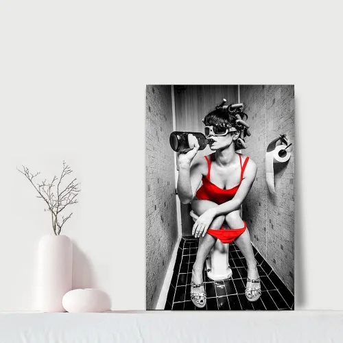 Miniatura 2 de Arte de pared moderno en blanco y negro sexy dama pintura mujer genial arte corporal sexy chica desnuda bebida vino tinto sentado en el inodoro