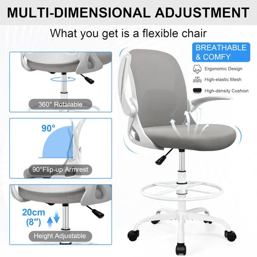 Miniatura 6 de Silla de dibujo alta de oficina con reposabrazos abatibles, altura ajustable y soporte lumbar mejorado, taburete ergonómico rodante, soporte de Gris