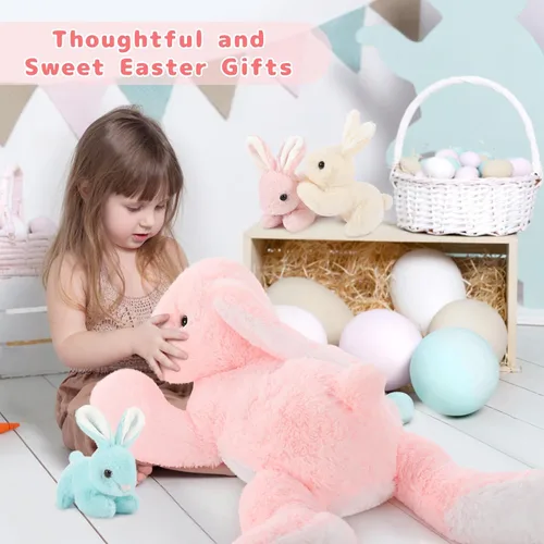 Miniatura 6 de BENINY Peluche de conejo rosa grande de 24 pulgadas – Conejito de peluche grande de Pascua, regalos para niñas y bebés, sorpresa de peluche con 3
