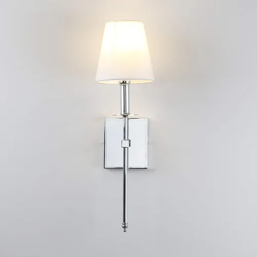Miniatura 7 de PERMO Aplique de pared industrial rústico clásico individual con pantalla textil blanca acampanada y soporte de columna cónico cromado