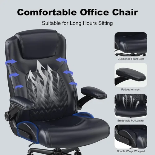 Miniatura 5 de Silla de oficina ejecutiva ergonómica para personas grandes y altas, capacidad de 500 libras con soporte lumbar y reposabrazos abatibles, silla