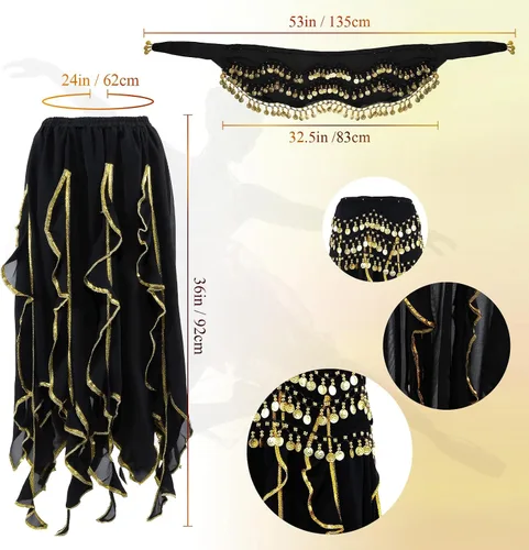 Miniatura 24 de Haysandy Conjunto de 8 piezas de danza del vientre para mujer, falda de danza del vientre, bufanda de cadera, 2 pulseras, aretes, pulsera de tobillo