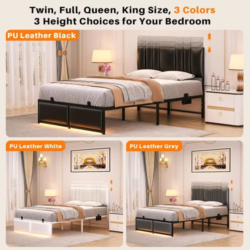 Miniatura 7 de Besiost Base de cama de tamaño individual con cabecera ajustable de 3 alturas, cama de plataforma tapizada de cuero con luz LED y estación de carga