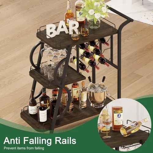 Miniatura 5 de Carrito de bar rústico, carritos de bar rodantes de 3 niveles para el hogar, carrito de servicio industrial para el hogar con soporte para copas