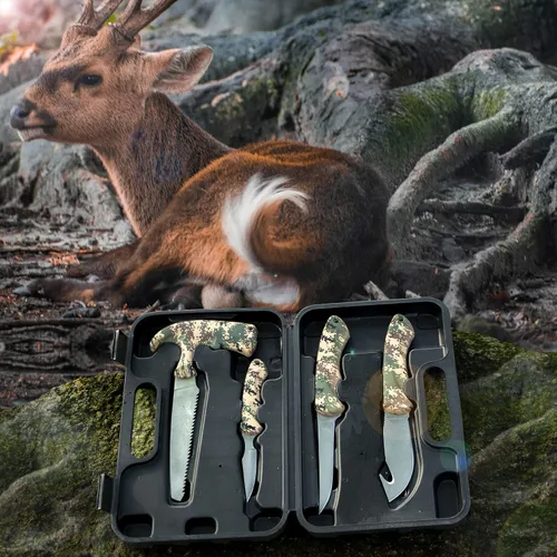 Miniatura 5 de Jellas Kit de cuchillos de caza, juego de 6 cuchillos de acero inoxidable con gancho intestinal, desollado, deshuesado, sierra, guantes y estuche