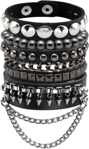 Eigso Pulseras de cuero punk para hombres y mujeres, estilo retro de los años 80, hematita y rock, juego de pulseras de metal ajustables para hombre