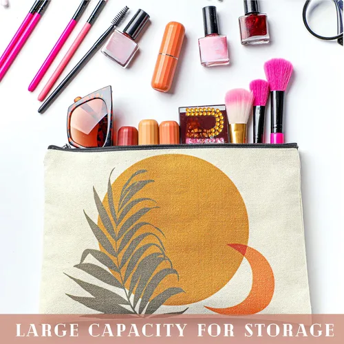 Miniatura 5 de Pinkunn 6 bolsas de maquillaje bohemias de lona para cosméticos, bolsa de maquillaje para monedero, Sunshine Ray, retro, de lino natural
