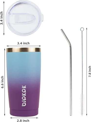 Miniatura 3 de BJPKPK Vasos de acero inoxidable de 20 oz con aislamiento al vacío con tapas y pajita, taza de agua de viaje reutilizable de doble pared, taza