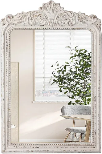 Miniatura 9 de Espejo vintage negro para tocador de 24 x 36 pulgadas, para colgar en la pared, espejos góticos de madera envejecida con detalles de cuentas, espejo
