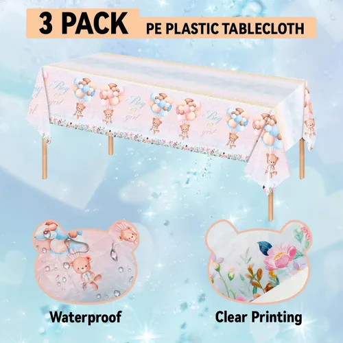 Miniatura 3 de Paquete de 3 manteles de oso de peluche, manteles de plástico para revelación de género, mantel impermeable rosa y azul para niños o niñas, baby