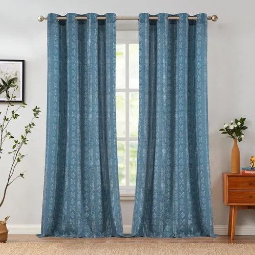 Miniatura 2 de Vangao Cortinas bohemias con estampado de rayas azules, cortinas de granja de 96 pulgadas de largo, 2 paneles de cortinas de mezcla de lino