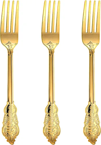 N9R 100 tenedores de plástico dorados, cubiertos desechables de plástico dorado de 7.48 pulgadas, tenedores de plástico resistentes para fiestas,