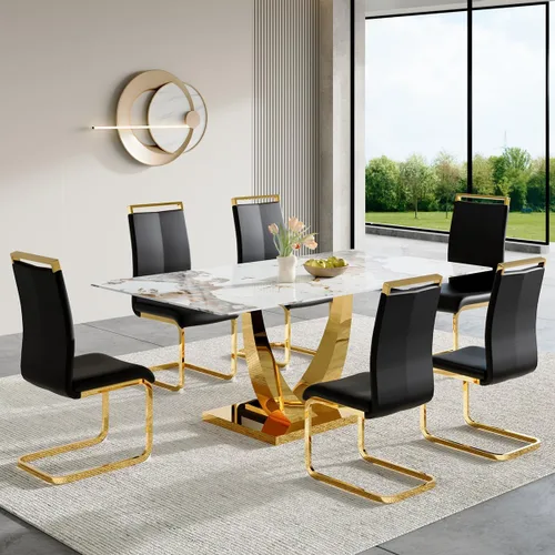 Miniatura 10 de Juego de mesa de comedor para 4, mesa de comedor de mármol sintético de 63 pulgadas con patas y base de acero inoxidable, sillas acolchadas