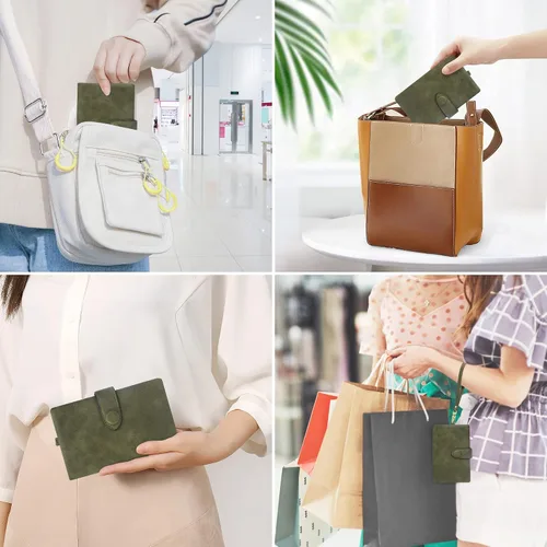 Miniatura 6 de Billeteras con bloqueo RFID para mujer, de gran capacidad, de cuero suave, cartera pequeña con correa para la muñeca, Verde oliva, Casual