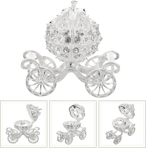 Miniatura 3 de NUOBESTY Carruaje de calabaza de Cenicienta decorativo con bisagras para joyas, caja de joyería con diamantes de imitación plateados, regalo único