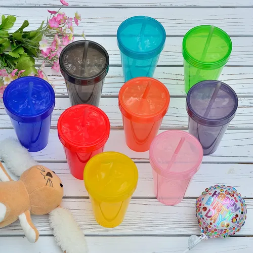 Miniatura 4 de Youngever 9 juegos de vasos de plástico de 16 onzas con tapas y pajitas, vasos de plástico reutilizables con pajitas (colores arcoíris)
