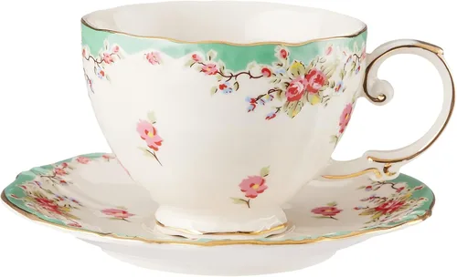 Gracie China by Coastline Imports FD157G-4 Gracie China Taza de té y platillo de porcelana vintage rosa con borde dorado, 7 onzas, verde