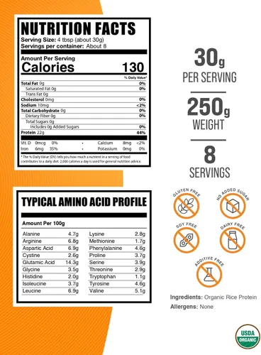 Miniatura 2 de BulkSupplements. com Proteína de arroz orgánica en polvo, proteína vegetal vegana, sin sabor, vegana y sin gluten, 1.06 oz por porción, 8.8 oz