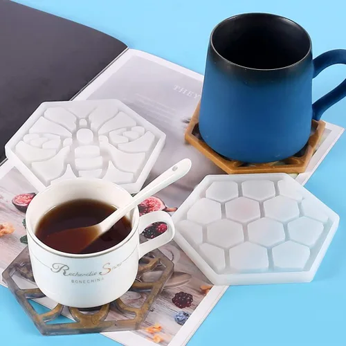 Miniatura 9 de Paquete de 2 moldes hexagonales de resina de silicona de grado alimenticio para fundición epoxi, soporte para tazas de automóvil, bandeja de ágata