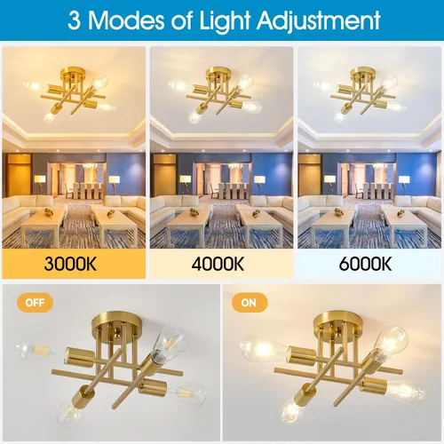 Miniatura 4 de EGM Lámpara de techo semiempotrada dorada, lámpara de cocina moderna de 4 luces con base E26, lámpara de techo para dormitorio, candelabro Sputnik
