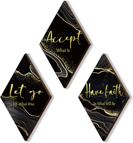 3 piezas de decoración de baño en color negro y dorado, decoración de pared dorada con cita de Accept Let Go Have Faith, rústico, vintage, estilo