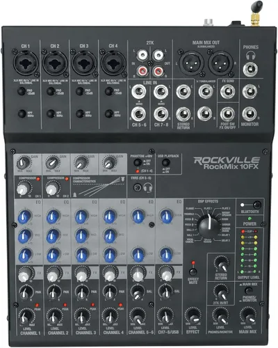 Rockville ROCKMIX 10FX - Mezclador de 10 canales, interfaz de grabación USB, efectos digitales, ecualizador de 3 bandas, alimentación fantasma,