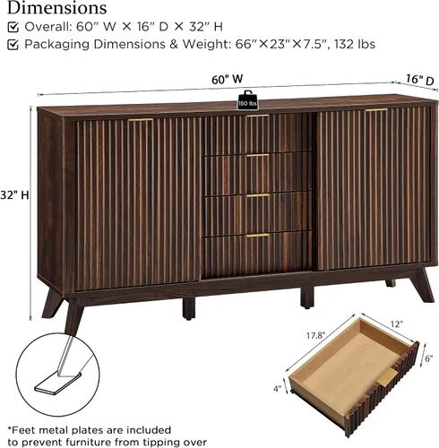 Miniatura 2 de T4TREAM Gabinete de buffet acanalado, aparador moderno de 60 pulgadas con puertas corredizas y 4 cajones, mesa de bar de café con almacenamiento