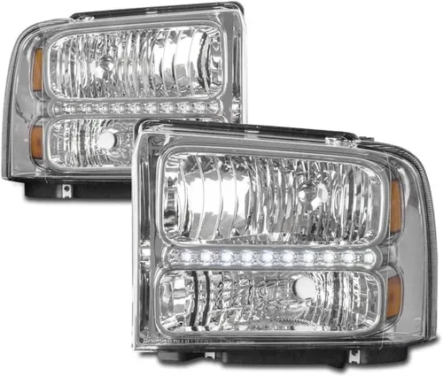Faros delanteros de repuesto de barra LED, cromados, compatibles con Ford F-250 F-350 F-450 F-550 Super Duty 2005-2007